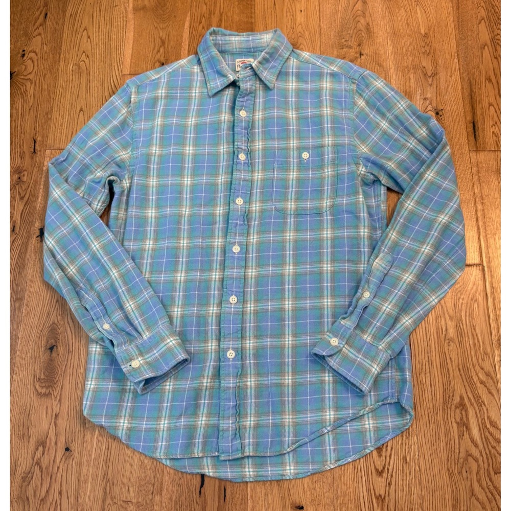 Faherty Brand Mens Organic Cotton Plaid Flannel Shirt Blue Green Size M
